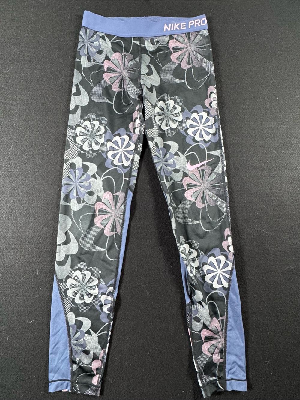 Nike Kids Black Floral Print Leggings with Lavender Waistband and Side Panels